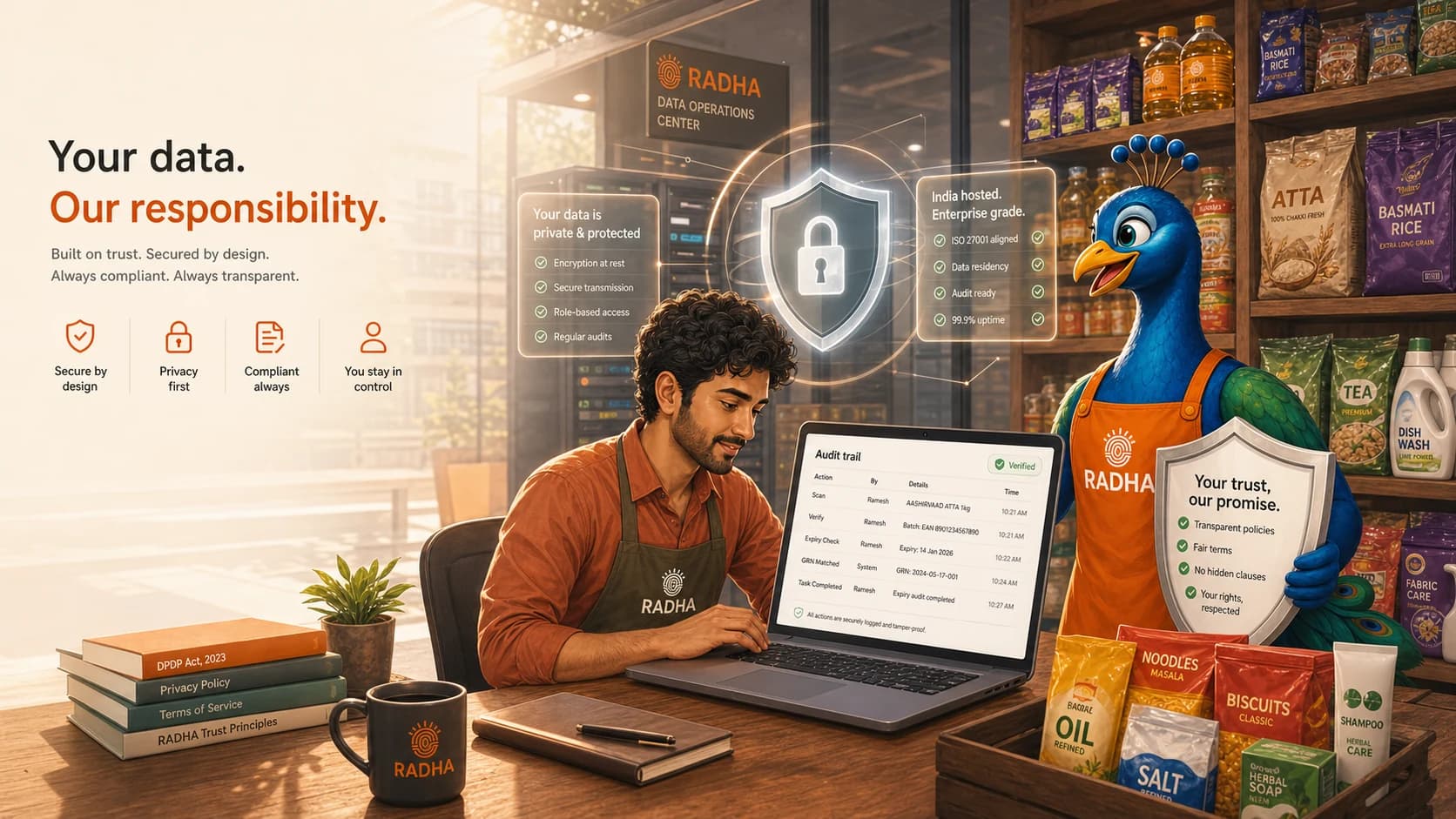 A secure RADHA data workflow scene with a store owner, privacy controls, and Mor the RADHA peacock mascot.
