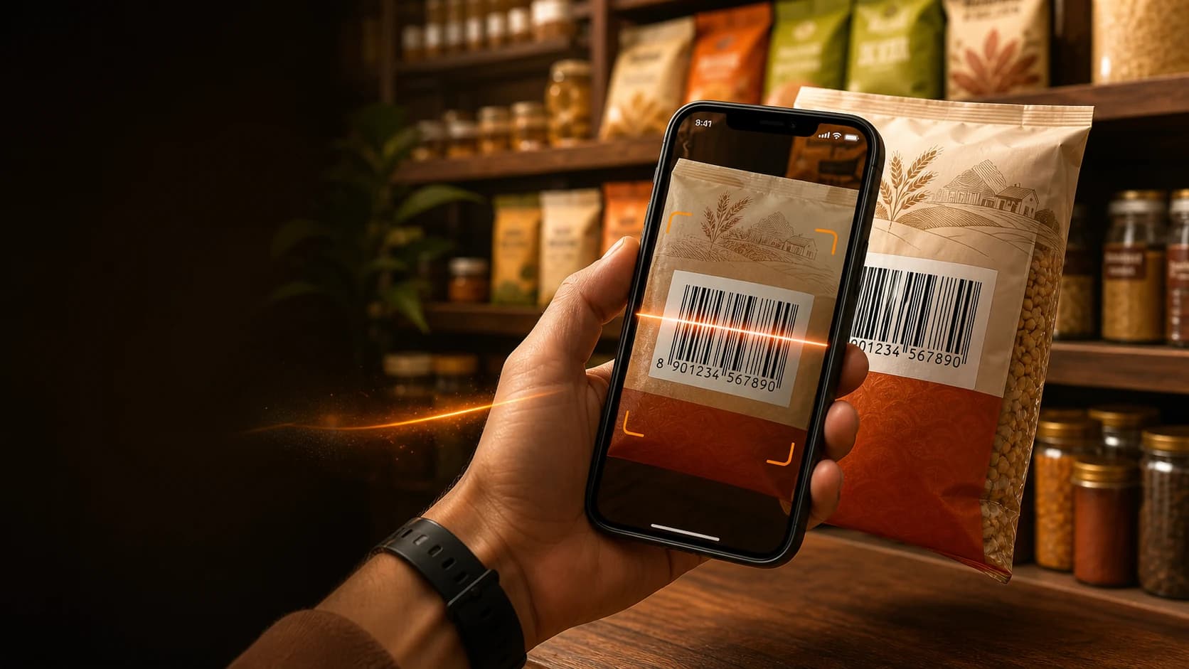 A phone scanning an Indian retail product barcode on a store shelf.