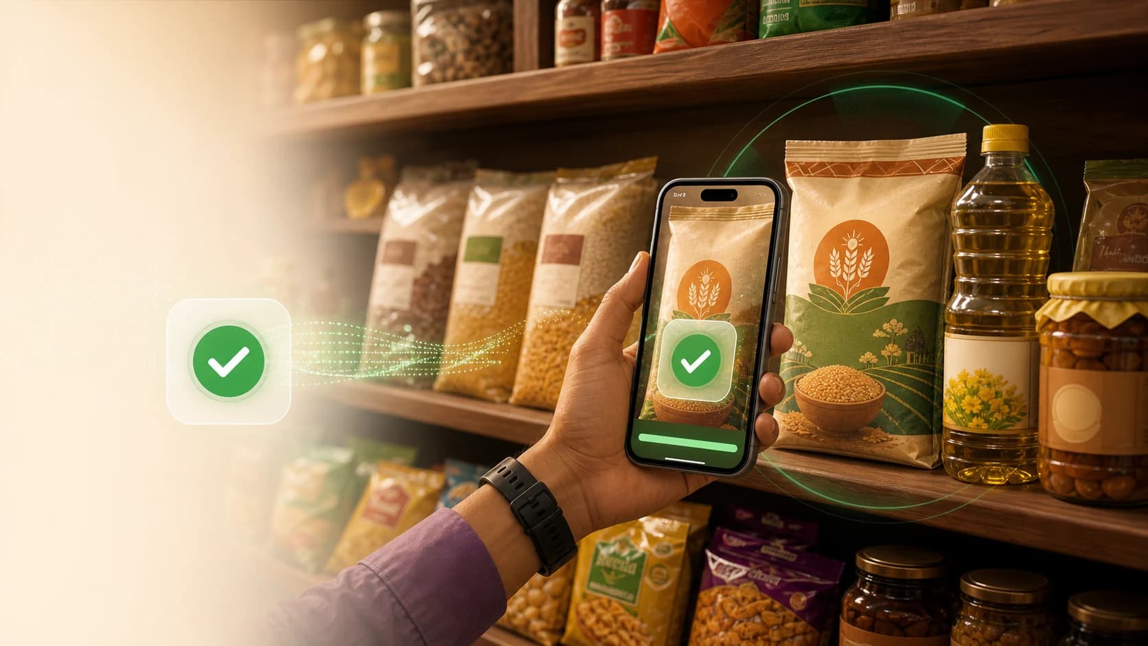 RADHA verifying a product on a phone in front of retail shelves.